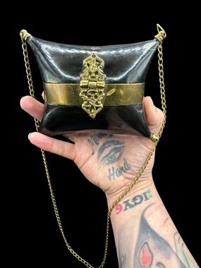 Vintage 1930s Art Deco Carved Horn & Brass Ornate Pillow Box Purse Velvet Lined